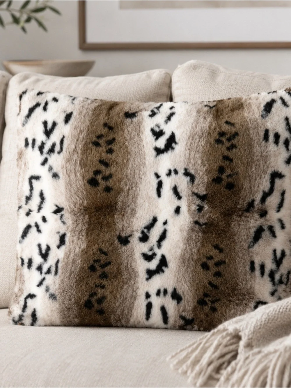 Plush Faux Fur Decorative Throw Pillow - Cream and Brown